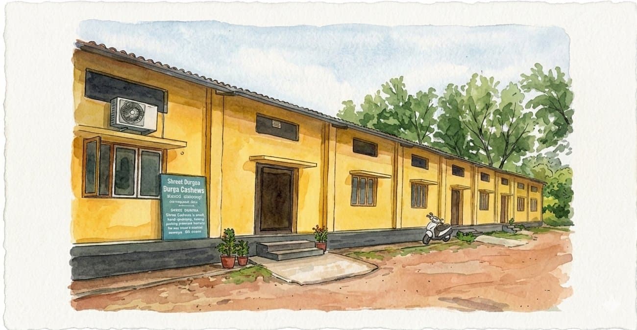 Watercolour painting of the Shree Durga Cashews factory in Cherkady, Udupi