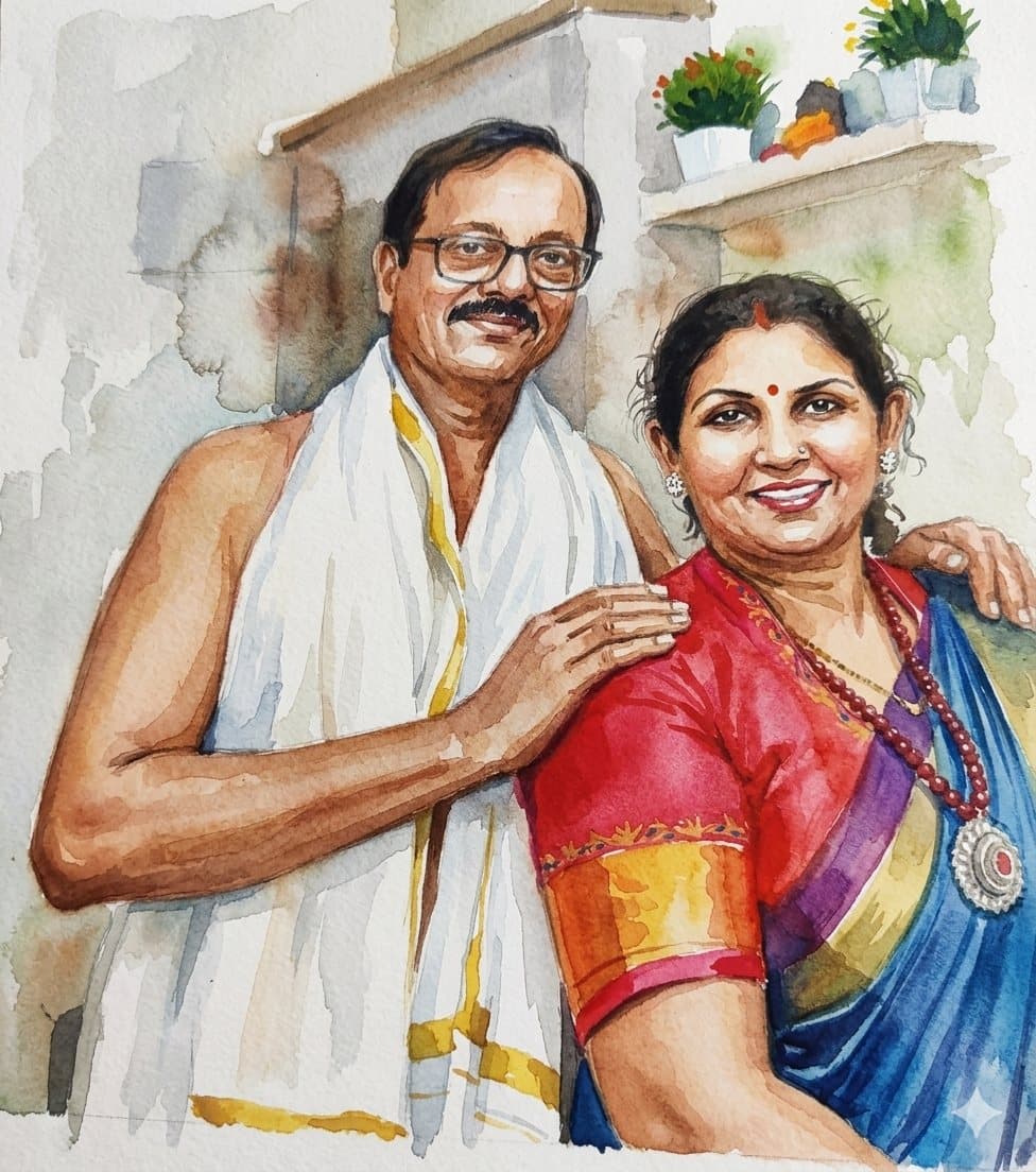 Watercolour portrait of Ashok Kumar Hegde and Usha Hegde, founders of Shree Durga Cashews